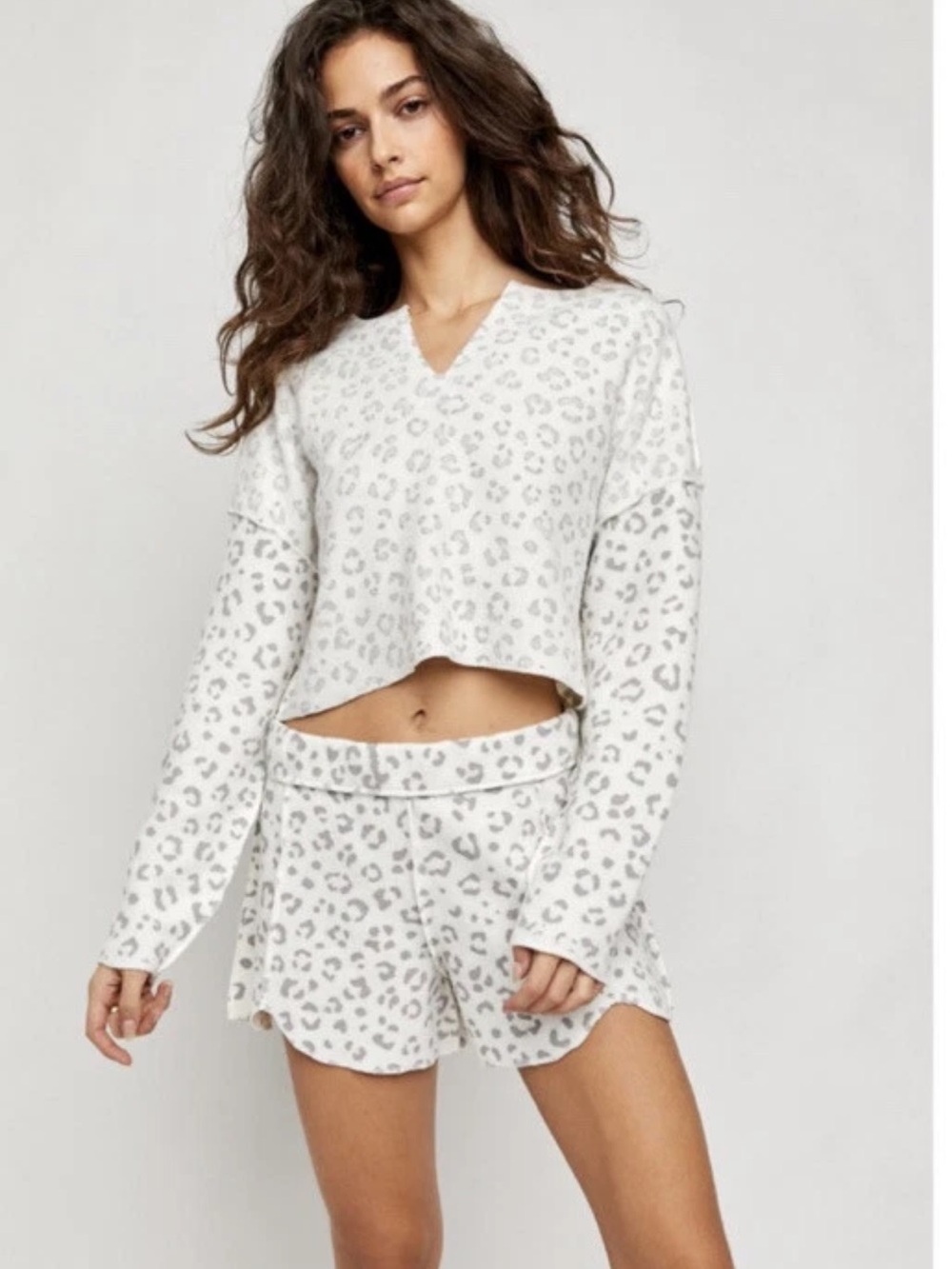 Free People White & Light Gray Leopard V‑Neck Lounge Top and Shorts Size Small